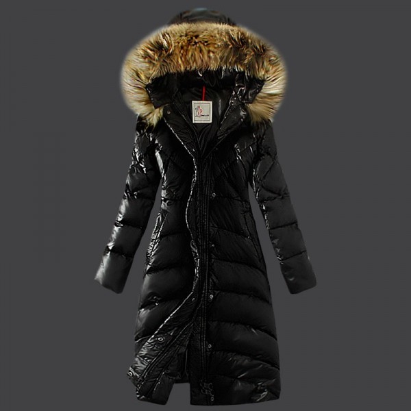 Moncler Donna sottile lungo Giù cappotto Nero Presa M1116